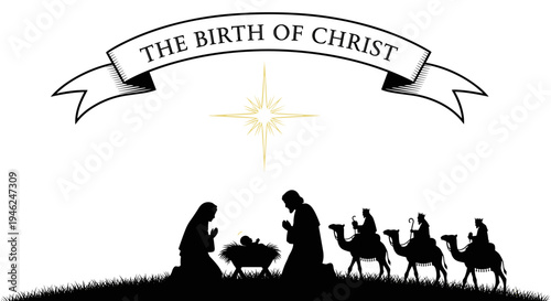 Nativity scene silhouette of holy family and wise men on camels under star
