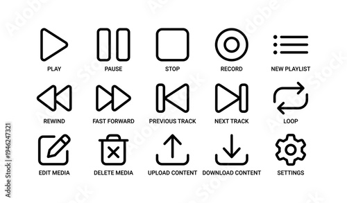 Media control icons set: play, pause, stop, record, navigation, edit, delete, settings