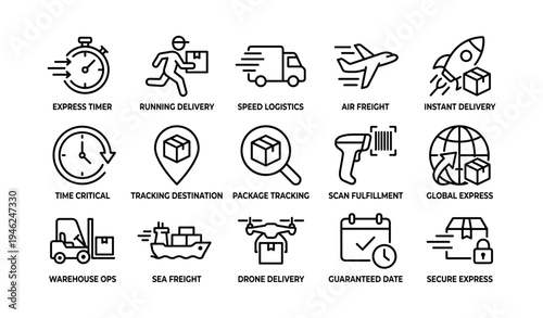 Express logistics icons: speed, delivery, tracking, fulfillment, global transport