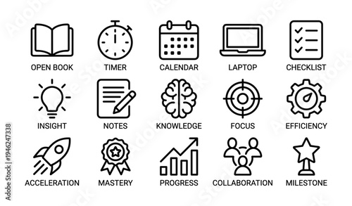 Educational icons: book, timer, calendar, laptop, checklist, brain, efficiency