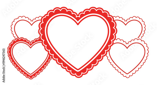 Decorative red heart shapes with scalloped edges for valentine's day or love