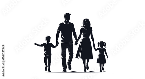Silhouette of a happy family with two children walking hand in hand