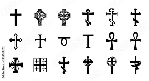 Collection of diverse cross symbols and religious icons representing faith