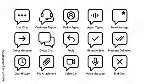 Chat interface icons: communication tools for messaging and support