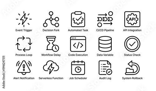 Tech icons set: event trigger, api, cloud, workflow, data management, automation elements
