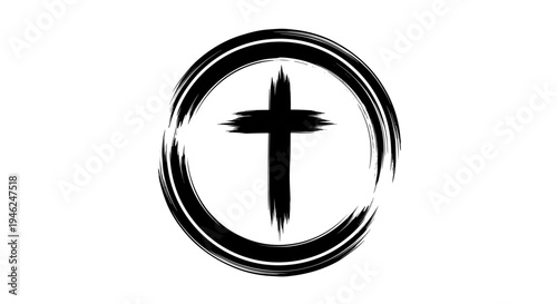 Abstract black cross symbol within a rough ink circle representing faith