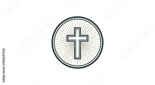 Christian cross symbol inside a circular emblem with radiating lines