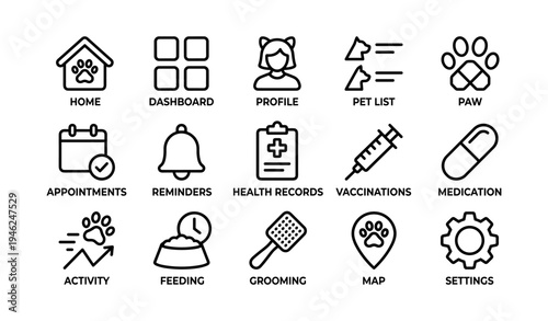Pet care icons: home, profile, health, vaccinations, settings