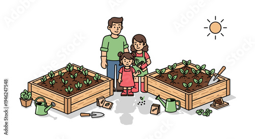 Happy family tending to raised garden beds with seedlings in bright sunlight