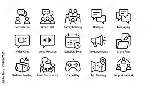 Icons representing communication, meetings, planning, and activities