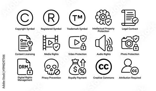 Legal symbols: copyright, trademark, media rights, creative commons icons