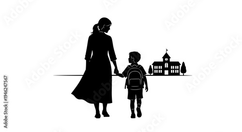 Mother holding son's hand walking towards school building silhouette back