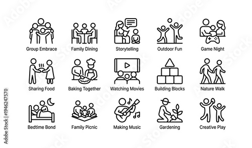 Family activities icons: togetherness, fun, and creativity in line art