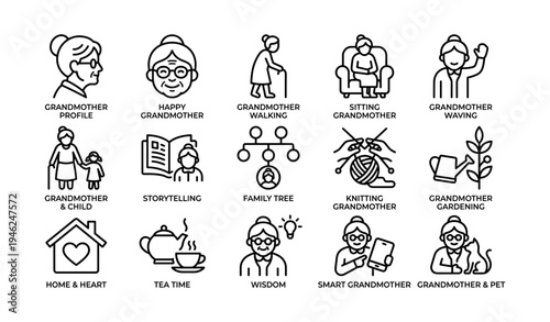 Elderly female icons: activities, family, and hobbies