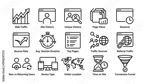 Web analytics icons: traffic, visitors, metrics for effective monitoring