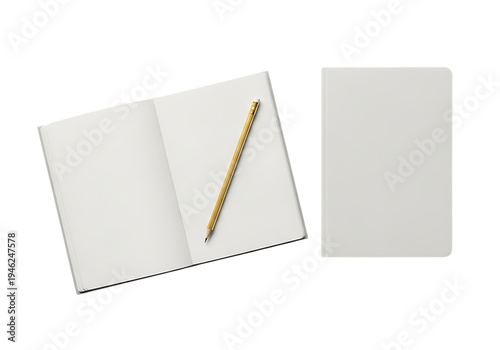 Open Blank Notebook with Gold Pencil and Closed Notebook Isolated on White