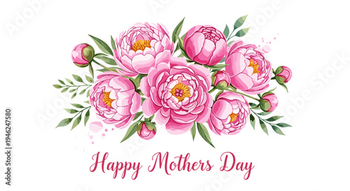 Elegant watercolor pink peonies happy mothers day greeting card design