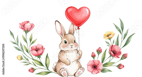 Cute bunny holding a red heart balloon surrounded by delicate spring flowers