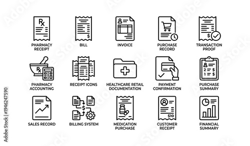 Healthcare and retail financial document icons set for transactions and billing