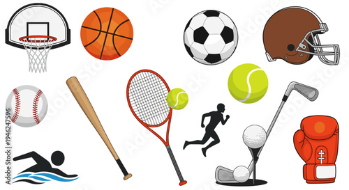 Collection of diverse sports equipment and icons representing various athletic