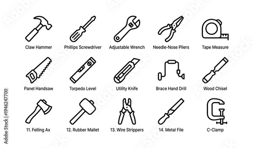 Essential hand tools icons: hammer, wrench, pliers, tape measure, saw