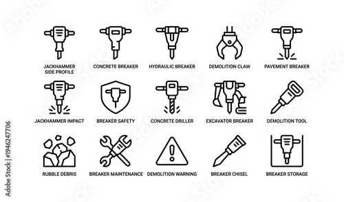 Collection of industrial demolition and breaking equipment icons