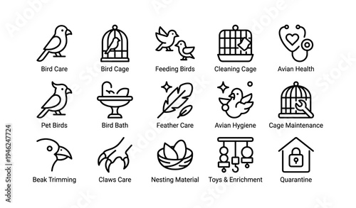 Comprehensive bird care icons for pet avian health and hygiene