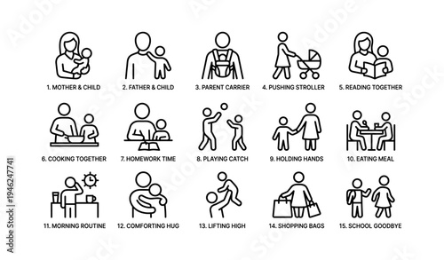 Simple line illustrations of family activities and bonding moments