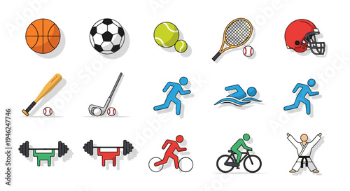 Collection of diverse sports equipment and athlete icons on white background