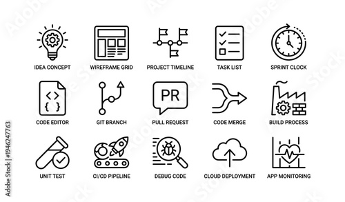 Project management and development icons: idea, timeline, code, sprint, deployment