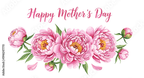 Happy mother's day watercolor floral greeting card with pink peonies and green