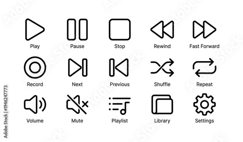 Media playback icons: play, pause, stop, rewind, fast forward, record, shuffle