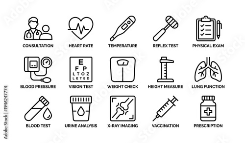 Medical icons for health checkup: consultation, heart rate, temperature, reflex, physical exam, vision, vaccination
