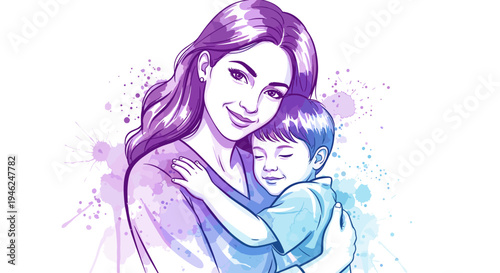 Tender watercolor illustration of a mother embracing her sleeping child with love