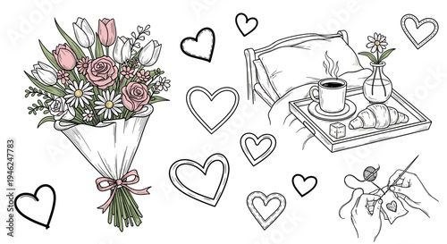 Hand drawn illustration of a romantic breakfast in bed with coffee and a bouquet