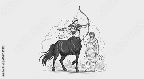 Detailed monochrome illustration of a powerful centaur archer holding a bow next to a human character, mythology.