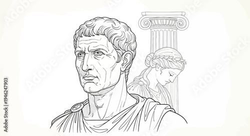Line Art of an Ancient Roman Leader, Statesman, or Emperor with a Serious Expression, Classical Column, and Female Figure