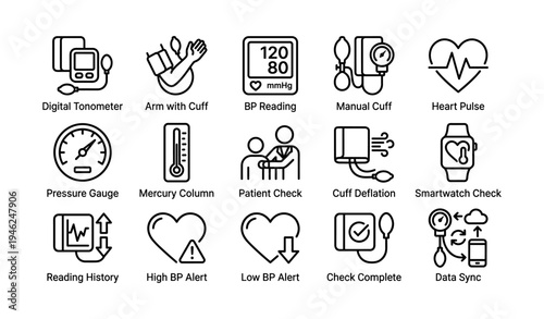Medical icons collection featuring blood pressure monitoring and heart health symbols