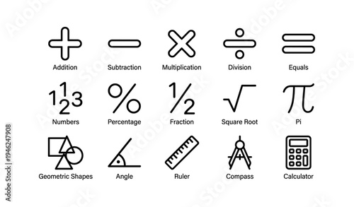 Mathematical symbols: basic operations, fractions, geometric shapes, and tools