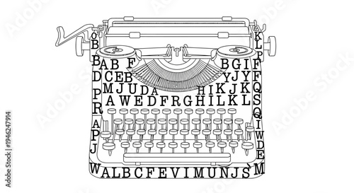 Vintage Typewriter Black and White Line Art Illustration, Retro Manual Writing Machine, Classic Office Equipment Graphic