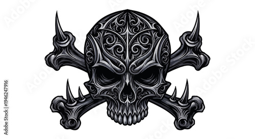 Intricate Ornate Gothic Skull and Crossbones Vector Illustration. Dark Stylized Design Element for Rock, Biker, Tattoo Art.