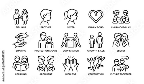 Outline icons of human relationships and activities: sibling bond, childhood play, cooperation, celebration