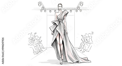 Elegant fashion illustration of a female model walking a runway, showcasing a luxurious high-fashion dress with a long train