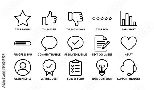 Icons: star rating, thumbs up, bar chart, text document, heart symbol set