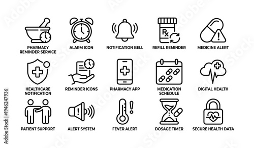 Healthcare reminder icons: pharmacy, alerts, digital health tools