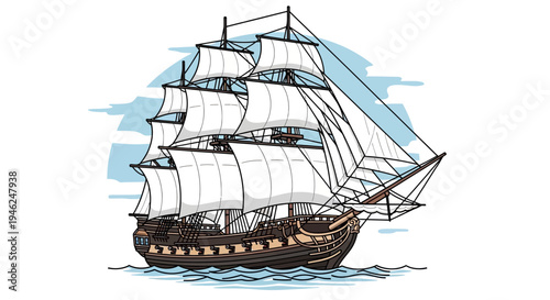 Detailed illustration of a historic tall ship with full white sails navigating the blue sea. Classic vintage wooden sailing vessel vector art.