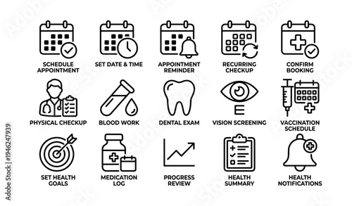 Healthcare icons: schedule, appointment, reminder, checkup, vaccination