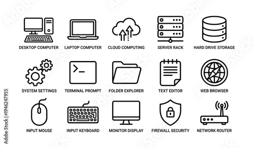 Technology icons set: desktop, laptop, cloud, server, storage, security, network
