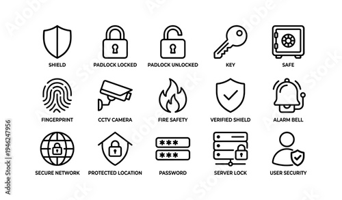Security icons: shield, padlock, key, safe, fingerprint, cctv, fire safety, alarm, network, password