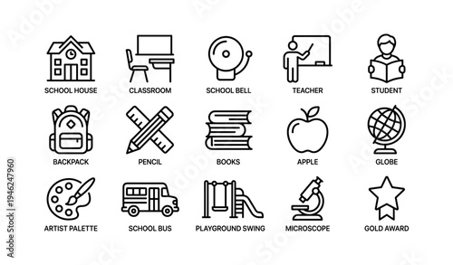 Educational icons set: schoolhouse, classroom, supplies, teacher, student